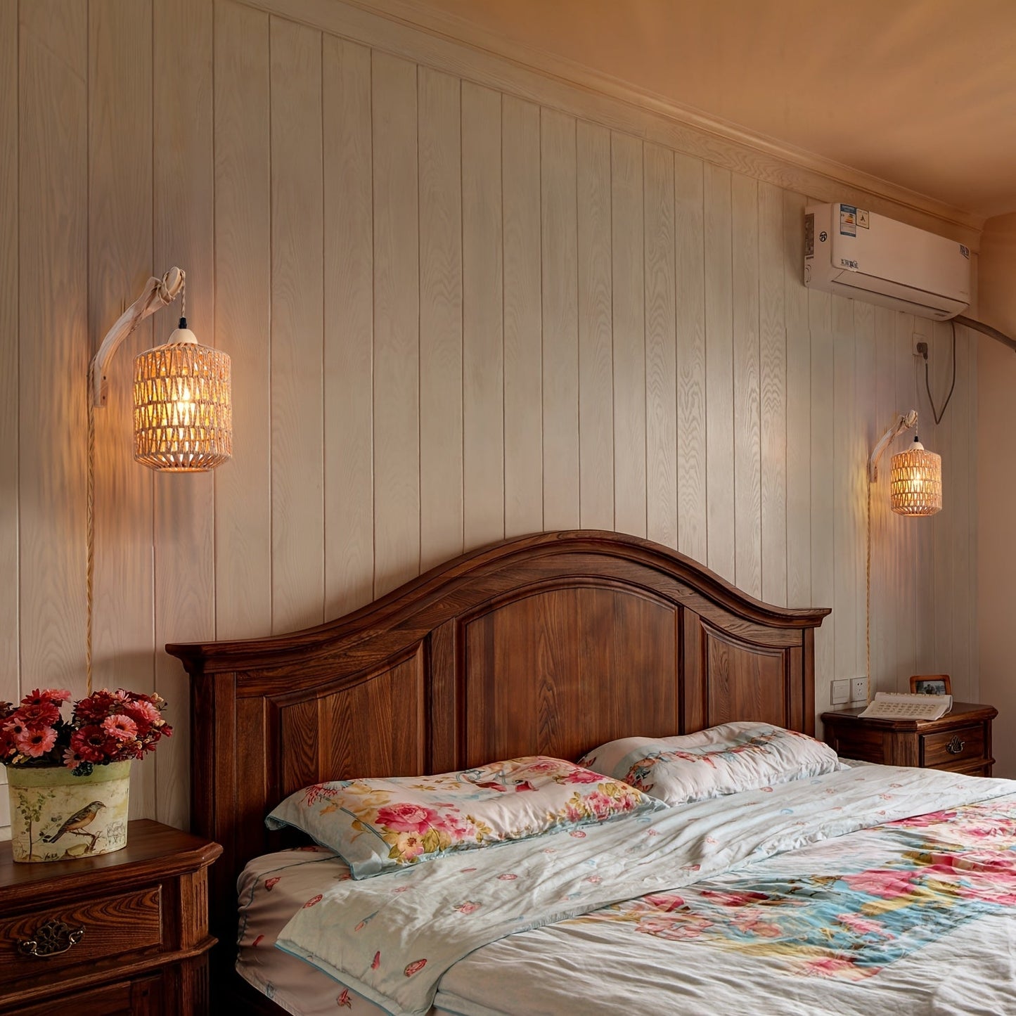 Boho Wood & Rattan Wall Lamp