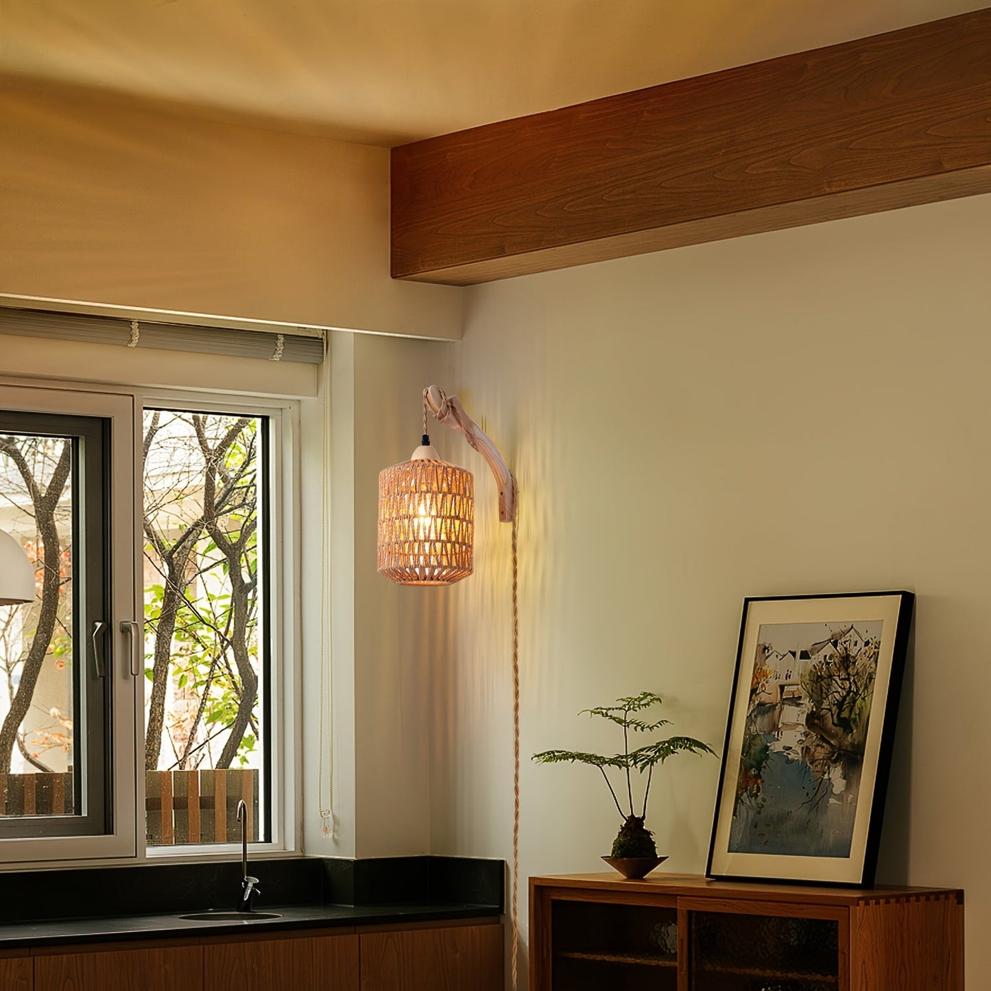 Boho Wood & Rattan Wall Lamp