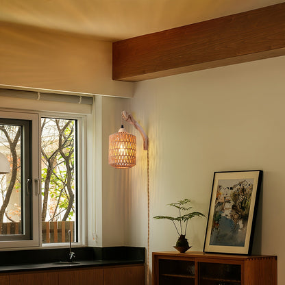 Boho Wood & Rattan Wall Lamp