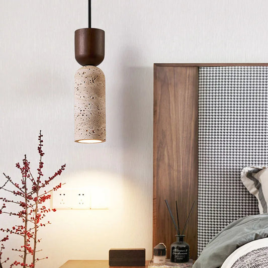 Wabi-Sabi Travertine & Wood Pendant Light