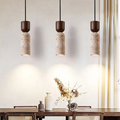 Wabi-Sabi Travertine & Wood Pendant Light
